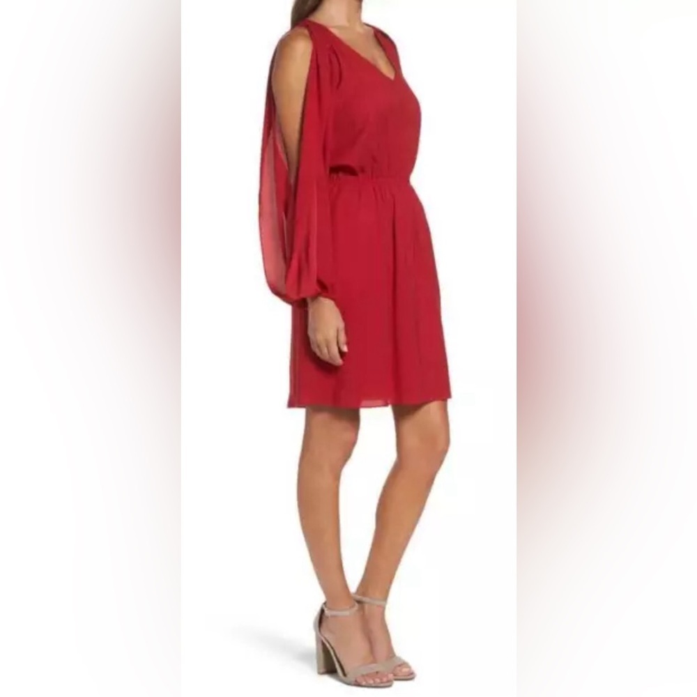 Kobi Halperin Red Cocktail Dress Holiday Long Sleeve Cold Shoulder Knee Length M